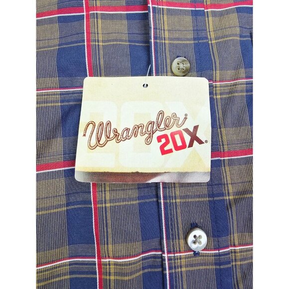 Wrangler 20X Mens Medium Navy Brown Red Check Embroidered Neck Pocket Logo NWT - Picture 10 of 11
